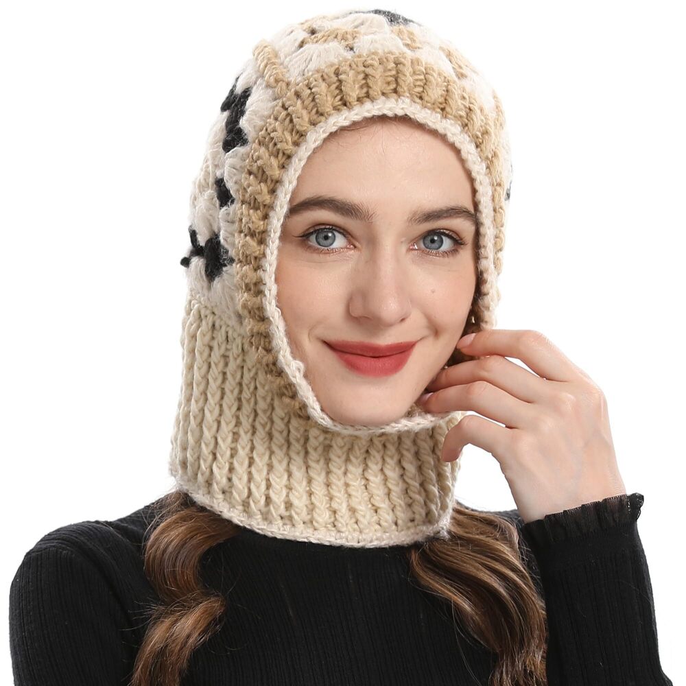 7048 Winter Knitted Winter Hat Windproof Hooded Scarf Balaclava Beanie Hat